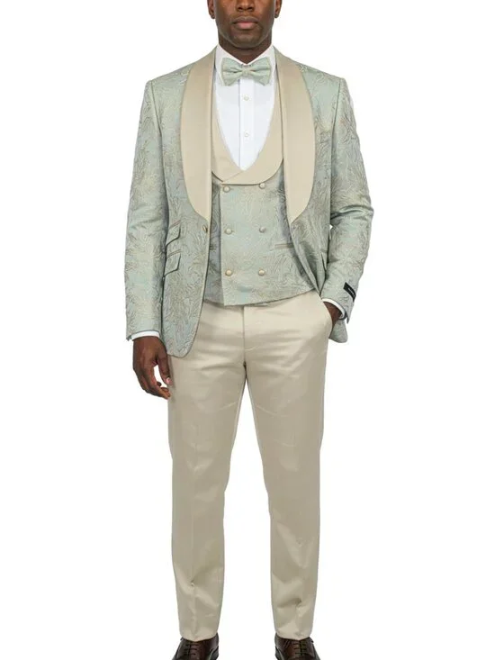 Sage Jacquard Wide Shawl Lapel 3 Piece Skinny Fit Fashion Men's Suit - Picture 1 of 3